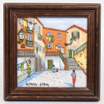 AZULEJO, um (1) pintado a mão em policromia representando figuras e casario, ALFAMA  LISBOA, moldura em madeira, medindo 14,5 x 14,5 cm, vide foto.