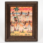 MAURO VERDE, um (1) quadro iconográfico retratando Roda de capoeira, OST, assinado, localizado BA e datado 01 no CIE, medindo com moldura em madeira 13 x 16 cm, vide foto.