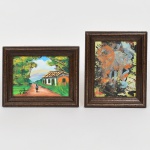 QUADROS, dois (2) distintos, ambos OST: 1 representando pintura abstrata, assinado e datado DIEGO 2001 no CID, medindo com moldura em madeira 13 x 16 cm; 1 representando paisagem com figura e casebre, assinado e localizado GUITA  BA no CIE, medindo com moldura em madeira 16 x 13 cm, vide foto.