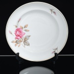 PORCELANA, um (1) prato fundo com ornamentação policromada representando rosas, arremates a ouro, manufatura SCHMIDT (Pomerode, SC; Mauá, SP; Campo Largo, PR, fundada em 1945, ainda em atividade, maior fábrica de porcelana da América Latina), medindo 23 cm diâmetro, sinais de uso, vide foto.