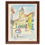 JANETE E., uma (1) aquarela iconográfica representando Pousada do Carmo, assinada e datada 87 no CID, intitulada no CIE, envidraçada, medindo com moldura 27 x 36 cm, vide foto.