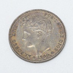 NUMISMÁTICA, Espanha, uma (1) moeda de 1 peseta 1900, cunhada em PRATA, Alfonso XIII, peso 5 gr., MBC,vide foto.