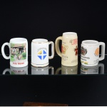 LOUÇA, quatro (4) canecas distintas para cerveja: 1 comemorativa ao IV Centenário do Rio de janeiro, 1565 a 1965, marca SÃO PAULO (fundada em 1940 pelos irmãos Teixeira, em São Caetano do Sul, SP; inicialmente como Teixeira Barreto & Companhia; em 1946 virou Virgílio Teixeira & Irmão; em 1981 virou Porcelana Teixeira Ltda., ainda em atividade; não confundir com a Porcelana São Paulo, fundada em 1964 por Américo Pierre, em Pedreira, SP); 1 do Novo Festival da Cerveja da Guanabara, comemorativa ao Sesquicentenário da Independência do Brasil, 1822 a 1972, manufatura CERAMARTE (Rio Negrinho, SC, fundada em 1956 pelo alemão Klaus Schumacher, ainda em atividade); 1 com propaganda do quinto Oktoberfest 88  Blumenau  SC, manufatura SCHMIDT (Pomerode, SC; Mauá, SP; Campo Largo, PR, fundada em 1945, ainda em atividade, maior fábrica de porcelana da América Latina); 1 com propaganda do quarto Festival de Cerveja da Guanabara, apoio da Casa Westfalia e Centro Cararinense, trincados na borda, manufatura CERAMARTE, medindo a maior 16,5 cm altura, todas com sinais de uso, vide foto.Inicial R$ 20,00