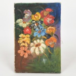 ÂNGELA, uma (1) pintura representando flores, OST, assinado e datado 74 no CID, sem moldura, verso autenticado Ângela Cristina, medindo 16 x 24 cm, vide foto.