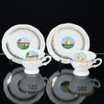 PORCELANA, duas (2) xícaras, souvenires de Brasília, ornadas com pontos turísticos em policromia, arremates a ouro, ideais para coleção de cristaleira, manufatura SCHMIDT (Pomerode, SC; Mauá, SP; Campo Largo, PR, fundada em 1945, ainda em atividade, maior fábrica de porcelana da América Latina), vide foto.