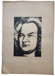 SOTERO COSME (Porto Alegre 1905 / Paris, 1978) - Xilogravura "retrato do compositor "Sebastian Bach" , assinada e identificada de próprio punho. Desgaste do tempo. Medida total 44 x 31cm.Nota do artista: Sotero Cosme foi um artista e músico brasileiro. É considerado como um dos melhores desenhistas do país nas décadas de 20 e 30 no estilo art déco.