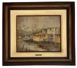 GILBERTO BAPTISTA - Obra em óleo sobre placa representando paisagem com casario e lago, assinada e datada no canto inferior direito, protegida por moldura de madeira e paspatur. Possui placa de metal com o nome do artista. Medida da obra 46 x 38cm. Medida total 76 x 67cm.Nota do artista: Gilberto Alves Baptista nasceu no Rio de Janeiro, assina Gilberto Baptista. Estudou no Liceu de Artes e Ofícios, RJ, onde foi aluno de Newton Coutinho e na Escola de Artes Visuais do Parque Lage. Frequentou também o ateliê de Ney Tecídio. Realizou exposições individuais, no Rio de Janeiro, de 1981 a 1987. Participou de vários Salões, exposições oficiais e foi premiado no Rio de Janeiro (1981, 1985, 1986, 1988, 1989); em Maceió, AL (1981); em Niterói, RJ (1988). JULIO LOUZADA VOL. 5, PÁG. 82; vol. 6, pág. 98.
