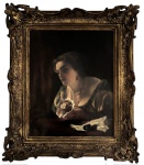 ZEFERINO DA COSTA - Óleo sobre tela retratando figura feminina em ambiente intimista, com refinado tratamento de luz e atmosfera clássica. Paleta sóbria, pincelada delicada e forte apelo acadêmico. Assinada, apresentada em imponente moldura dourada de época, ricamente entalhada. Obra de grande relevância histórica e colecionável. Medida da obra 41 x 33 cm. Medida total 54 x 46 cm.