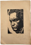 Sotero Cosme  gravura em preto e branco, retratando Ludwig van Beethoven, com forte expressão e traço vigoroso característico do artista. Impressa sobre papel, com assinatura do artista e dedicatória manuscrita datada de 1951.Apresenta marcas do tempo e dobras no papel, compatíveis com a antiguidade. Peça de interesse histórico e artístico, ideal para colecionadores de gravura brasileira. Mede 32 x 44 cm.