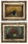 Par de pequenas pinturas natureza-morta, representando arranjos florais em vasos, executadas em óleo sobre placa. Assinatura pouco legível no canto inferior. Acompanhadas de molduras de madeira patinada e dourada, ricamente trabalhadas. Medida da obra 16cm x 11cm, medida total 26cm x 20cm, cada.