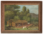 Pintura de paisagem rural, óleo sobre placa, representando casa rústica com telhado de sapê, figuras e vegetação tropical ao redor, em composição de caráter ingênuo. Protegida por moldura de madeira com acabamento em ouro velho. Medida da obra 42 x 31 cm. Medida total 48 x 37 cm.