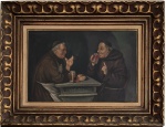 ESCOLA EUROPEIA - Óleo sobre cartão, representando cena de gênero com dois monges franciscanos sentados à mesa, em momento descontraído, com canecas de bebida e pão, em ambiente de taberna. Composição de inspiração europeia, marcada por forte caráter narrativo e expressões caricaturais típicas da pintura de costumes. Apresenta moldura de madeira entalhada e dourada. Medida da obra 40 x 27 cm. Medida total 57 x 44 cm.