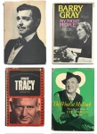 CINEMA - Lote de 4 livros estrangeiros sobre cinema e rádio, reunindo biografias e memórias de importantes personalidades do entretenimento do século XX. Conjunto composto por: My Night People  10,001 Nights in Broadcasting, de Barry Gray (Simon and Schuster, New York); Spencer Tracy, por Romano Tozzi, da série The Pictorial Treasury of Film Stars (Galahad Books, New York); The Wind at My Back  The Life and Times of Pat OBrien by Himself (Doubleday & Company, New York); e Long Live the King  A Biography of Clark Gable, de Lyn Tornabene (G. P. Putnams Sons, New York). Exemplares em capa dura com sobrecapas, apresentando marcas naturais do tempo. Medida do maior 22 x 15 cm.