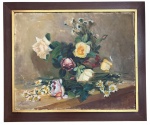 Obra em óleo sobre tela, natureza morta, assinada no canto inferior esquerdo, proteção de moldura de madeira com friso dourado. Medida da obra 62 x 50 cm. Medida total 74 x 63 cm.