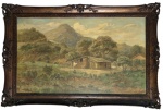 J. BASTOS -Óleo sobre tela representando paisagem rural com casario e montanhas ao fundo, composição bucólica em paleta suave. Assinado J. Bastos no canto inferior direito. Moldura em madeira entalhada, de época. Verso com chassi original. Medida da obra 60 x 100cm, assinado no CID. Medida total 77 x 118cm.