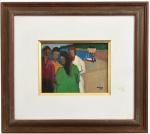 ORLANDO BRITO - Óleo sobre tela representando figuras em composição expressionista, com paleta vibrante e pincelada solta, ambientada à beira dágua. Intitulada Bate-papo. Assinada e datada 1979 no canto inferior direito e titulado no verso. Medida da obra 16 x 22 cm. Medida total 41 x 46 cm.