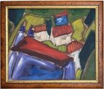 ANOS 60 - Óleo sobre tela, composição de paisagem com casario, em linguagem moderna de influência expressionista, pincelada solta e cores vivas.Moldura de madeira com pátina do tempo. Verso com chassi antigo e reforços nos cantos. Medida total 65 x 56 cm.