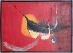 Obra abstrata sobre tela, composição em tons predominantes de vermelho com intervenções em preto, branco e nuances terrosas, apresentando gestualidade expressiva e matéria evidente. Assinatura não identificada. Chassi no estado. Medida total 72 x 52 cm.
