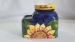 Porta talheres em cerâmica esmaltada pintada na cor azul royal e girassol, alt 12 cm X 13 cms X 10 cm.