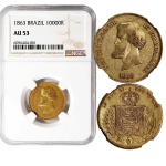 MOEDA DO BRASIL  10000 RÉIS 1863 OURO D. PEDRO II NGC AU 53. Moeda de ouro do Brasil Império, valor