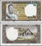 Lao Laos CEDULA DE  20 Kip DO ANO 1963 em estado flor de estampa de conservação