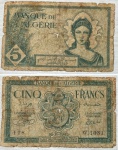 ALGÉRIA CEDULA RARA DE 5 FRANCS DO ANO 1942 SEGUNDA GUERRA MUNDIAL - ESTADO DE CONSERVAÇÃO CONFORME A FOTO EXIBIDA