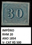 IMPÉRIO - SELO OLHO DE GATO AZUL RHM 20 ANO 1854 VALOR DE CAT - R$ 500 REAIS - SELO COM MARGENS PERFEITAS E SEM CARIMBO BÉLISSIMO ESTADO DE CONSERVAÇÃO CONFORME FOTO EXIBIDA