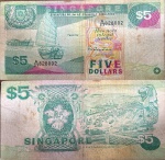 Singapore Cingapura  CEDULA CIRCULADA DE  5 Dollars DO ANO 1989 - EM ESTADO DE CONSERVAÇÃO CONFORME A FOTO EXIBIDA