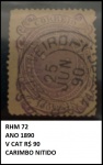CRUZEIRO  SELO RHM 72 ANO 1890 V CAT R$ 90 - CARIMBO BÉLISSIMO - SELO EM EXCELENTE ESTADO DE CONSERVAÇÃO