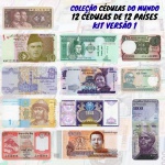 Kit com 12 Cédulas Estrangeiras de 12 Países - Versão 1 - 100% Flor de Estampa.Cédulas por continente: Ásia 9, Europa 1, Américas 1 e África 1. Lista de Países, Continente, Valor e Pick das cédulas na foto 3: Este Kit tem 12 paises diferentes do Kit Versão 2