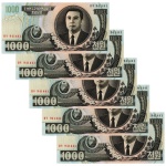 Coréia do Norte - 5 Cédulas de 1000 Won 2006 - P-45b - Sequência - Flor de Estampa