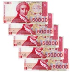 Croacia - 5 Cédulas de 50.000 Dinara 1993 - P-26a - Sequência - FE