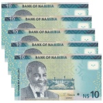 Namibia - 5 Cédulas de 10 Namibia Dollars 2021 - P-16b - Dr. Sam Nujoma - Sequência - FE