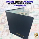 Álbum de Luxo com 60 Cédulas Estrangeiras de 60 Países sem repetição - África, Ásia, Américas e Europa - 100% Flor de Estampa.Obs: Cédulas da Malásia, Mauritânia, Tailãndia, Nigéria e Romênia são de Polímero, A cédula de Zâmbia é Hibrida, Album novo com capa Dura reforçada e 20 folhas de acetado (fixas), com capa plástica protetora. Lista de Países, Valor e Pick das cédulas: Pais de Origem, Continente, Valor nominal, Observação, Ano,  Emissão, Pick nas fotos 5 e 6.