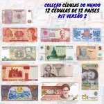 Kit com 12 Cédulas Estrangeiras de 12 Países - VErsão 2 - 100% Flor de Estampa.Cédulas por continente: Ásia 5, Europa 4, Américas 2 e África 1. Cédula da África (Nigéria) é de Polimero. Lista de Países, Continente, Valor e Pick das cédulas na foto 3. Obs: Este Kit tem 12 Paises diferentes do Kit Versão 1