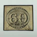 Selo olho de boi, 60 réis. Perfeito, sem amici. Otima frente. Valor 800 dolares (U.F)