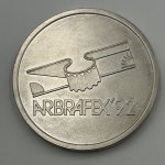 Medalha II exposição filatélica-argentino-brasileira Porto Alegre - RS, 20 a 26/03/1992. Diâmetro 50 mm. Bronze prateado - FC