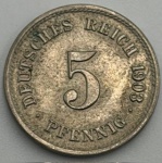 Moeda Alemanha Empire KM 11, 5 pfennig, 1930G