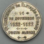 Medalha comemorativa. Escassa em prata. 1° centenário de Elevação a Cidade de Porto Alegre. Gal J Marcellino de Figueiredo e José Montaury. 1822-1922 - S/FC