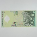 Cédula Malasya, 5 ringgit. Plástico, polímero
