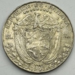 Moeda Panamá, 1/2 balboa, 1947. Efigie de Vasco Nunes de Balboa. Prata 900, 12.5 g. FC/SOB