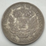 Moeda Venezuela, 5 bolivares, 1905. Prata 900, 25 g - SOB