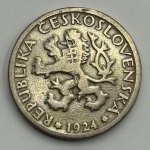 Moeda Tschechoslovakia República, 1 krone, 1924. Trabalhadora do campo. Rev: Escudo-de-leão. Cuproníquel, 6.66 g - MBC