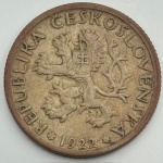 Moeda Tschechoslovakia República, 1 krone, 1922. Trabalhadora do campo. Rev: Escudo-de-leão. Cuproníquel, 6.66 g - MBC