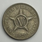 Moeda Cuba República, 5 centavos, 1920. Pátria e libertad. Cuproníquel, 5 g, KM 11.1 - MBC