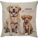 Capa para almofada com zíper invisível, feita em linhão crú com impressão na frente de Labrador e verso liso. Tecido em Linhão 100% Poliéster. Dimensões da Capa: 43 cm X 43 cm. Não acompanha enchimento.