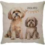 Capa para almofada com zíper invisível, feita em linhão crú com impressão na frente de Lhasa Apso e verso liso. Tecido em Linhão 100% Poliéster. Dimensões da Capa: 43 cm X 43 cm. Não acompanha enchimento.