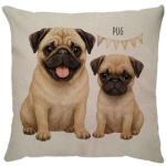 Capa para almofada com zíper invisível, feita em linhão crú com impressão na frente de Pug e verso liso. Tecido em Linhão 100% Poliéster. Dimensões da Capa: 43 cm X 43 cm. Não acompanha enchimento.