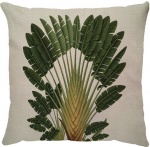 Capa para almofada com zíper invisível, feita em linhão crú com impressão na frente de uma Ravenala  e verso liso. Tecido em Linhão 100% Poliéster. Dimensões da Capa: 45 cm X 45 cm. Não acompanha enchimento.