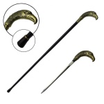 Bengala com castão decorado em formato de cabeça de águia. Parte interna com estoque embutido. Medindo 92 cm de altura.